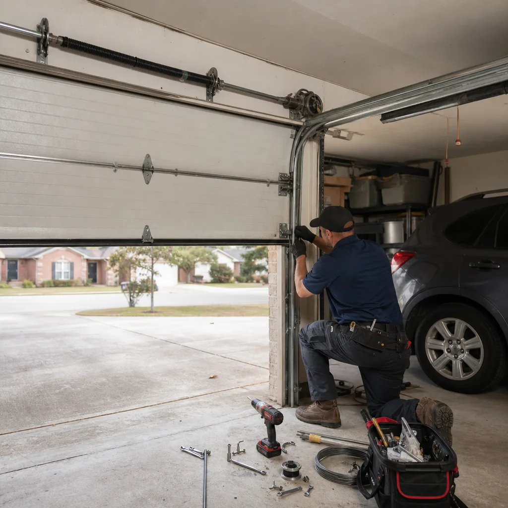 Technician performing professional garage door cable repair on a residential door