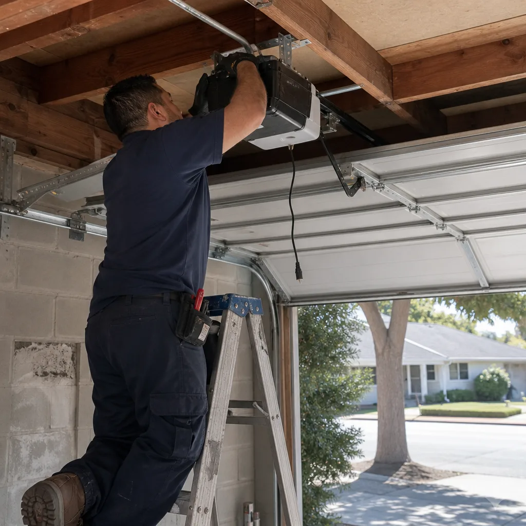 Technician performing professional garage door opener motor repair.