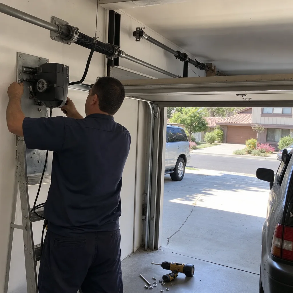 Technician performing professional garage door opener repair service