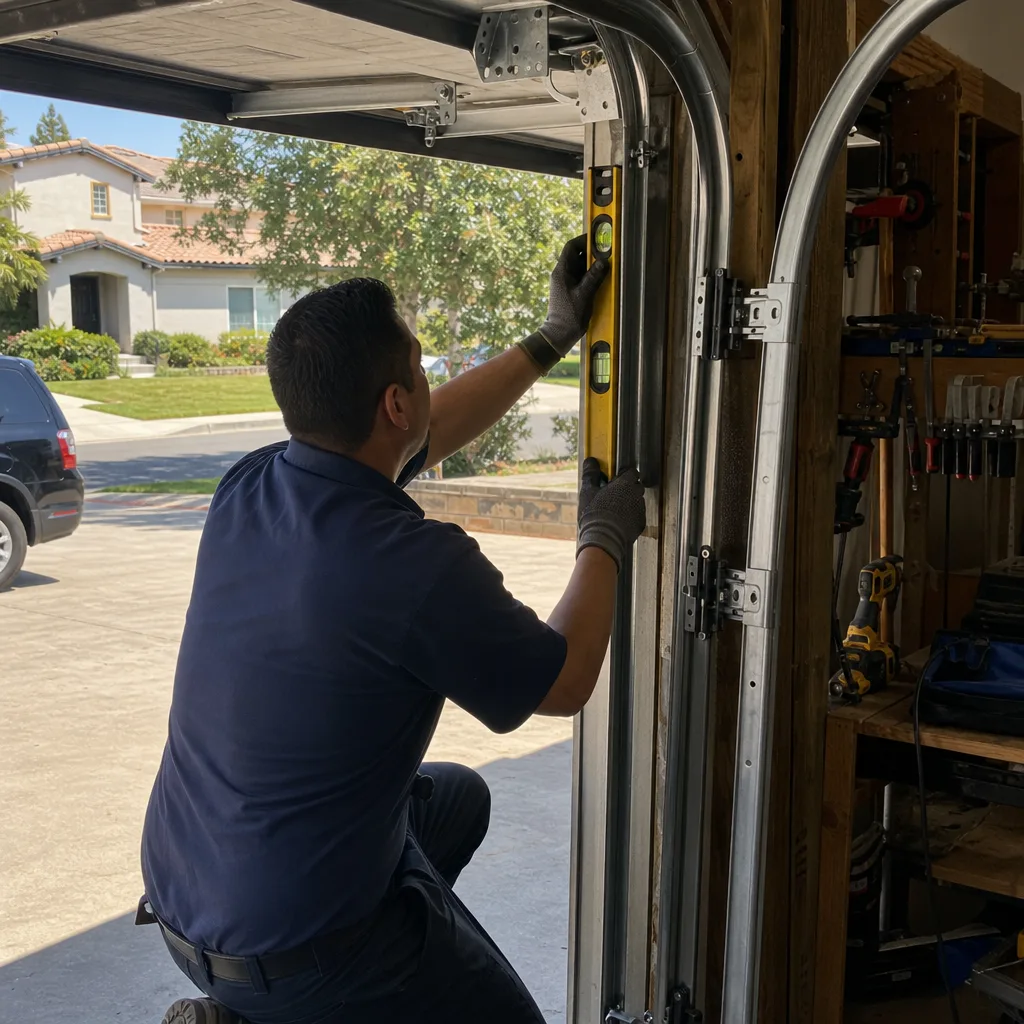 Technician using pliers to perform garage door roller repair on metal track
