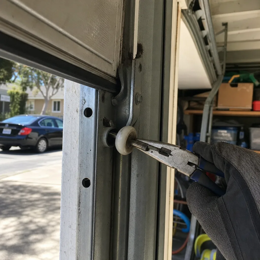 Technician checking garage door track alignment with a level