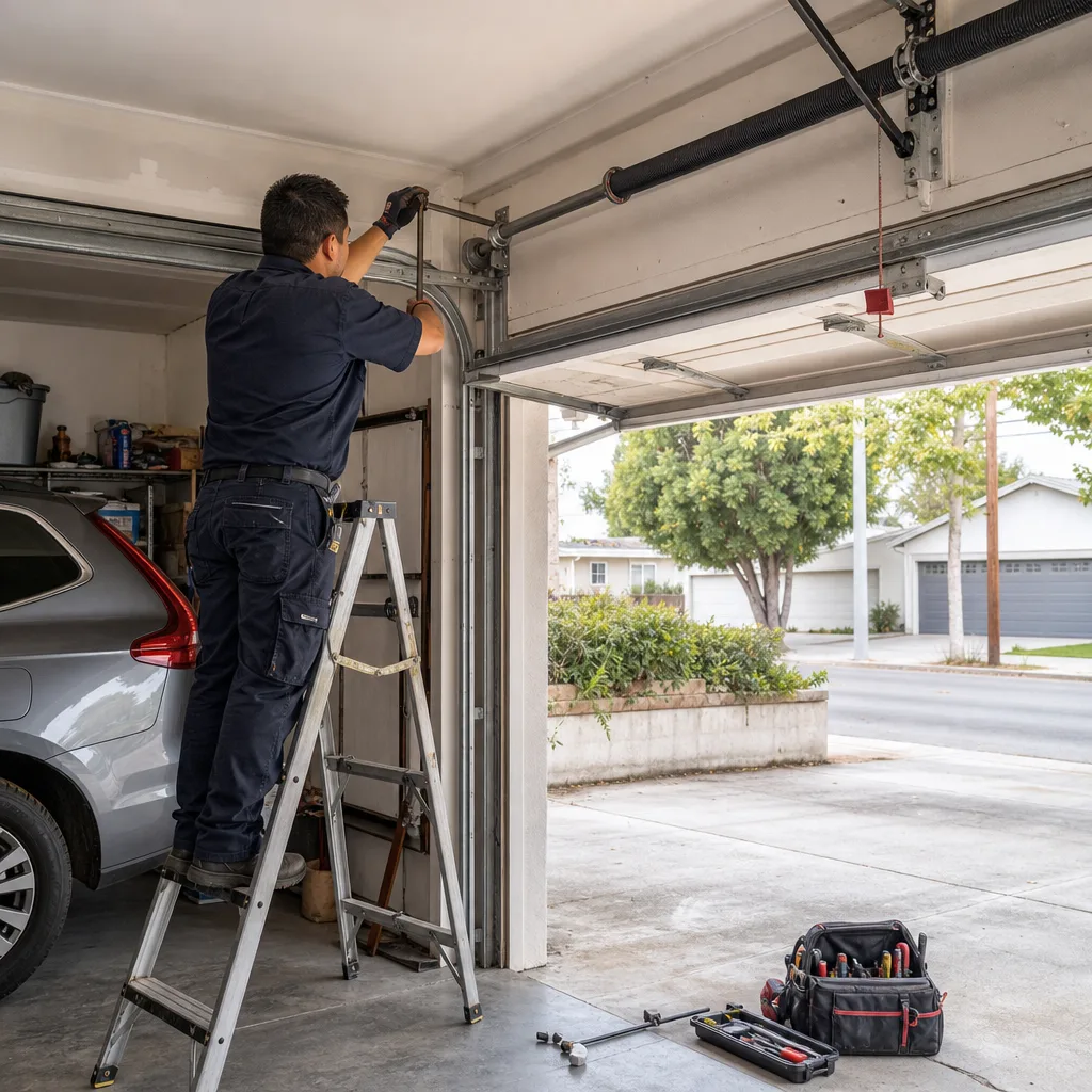 Technician performing professional garage door spring repair and maintenance